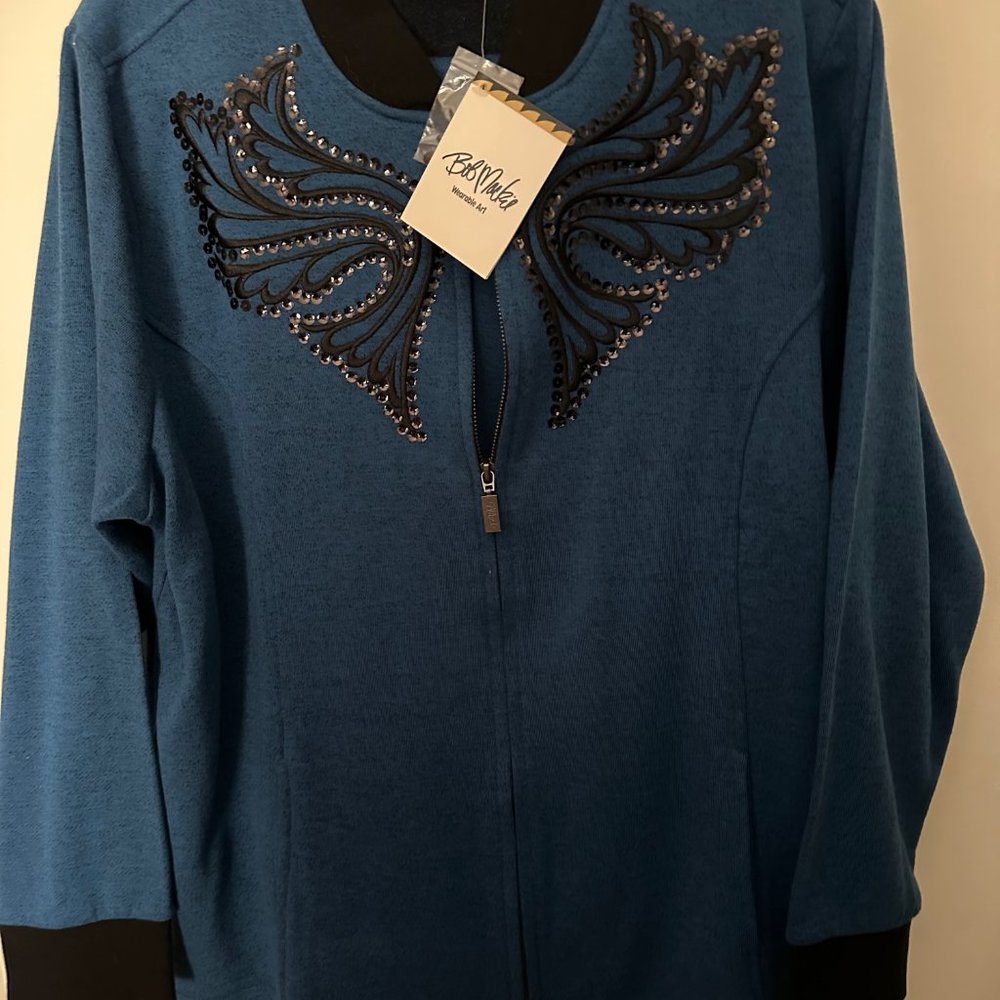 BOB MACKIE WEARABLE ART BLUE with EMBROIDERED  2 PIECE SUIT SIZE XL